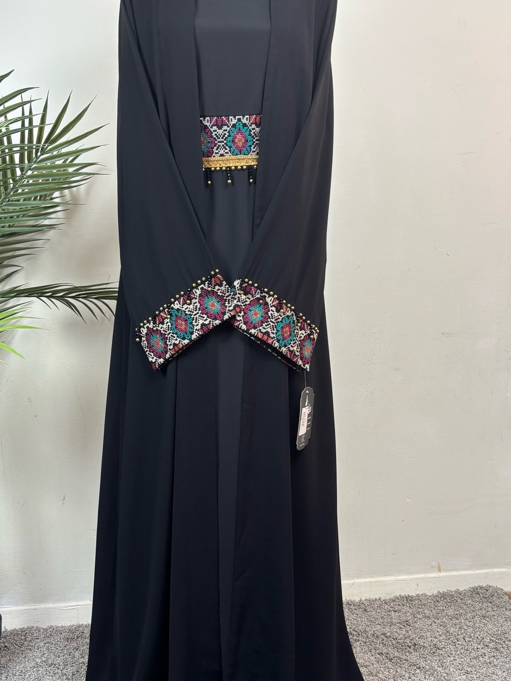 Embroidered Black Abaya Dress with Colorful Trim